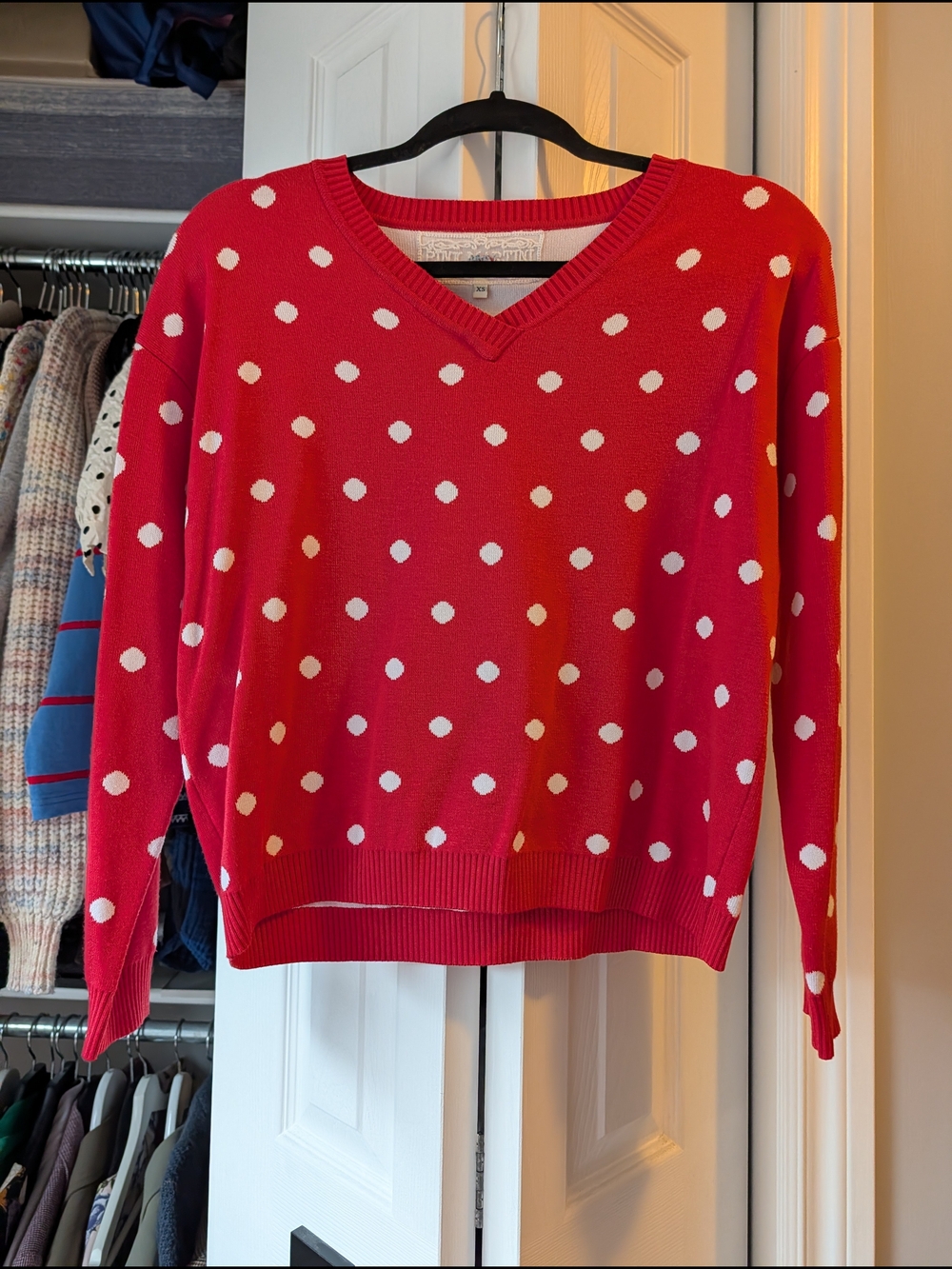 Pink Martini Red V-Neck Polka Dot Sweater with White Dots